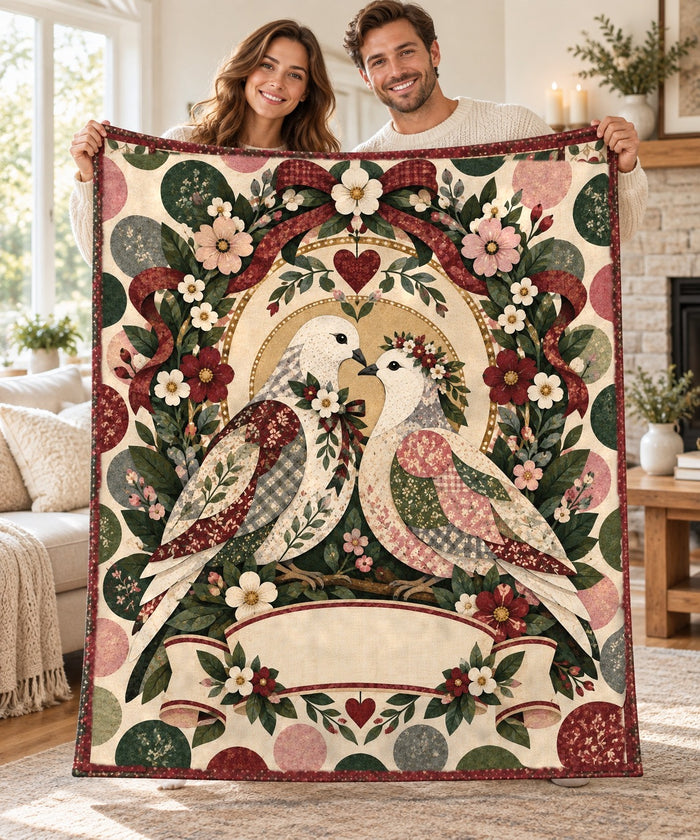 Couple holding open the Wildflower Wedding Lovebird personalised couple name sherpa blanket