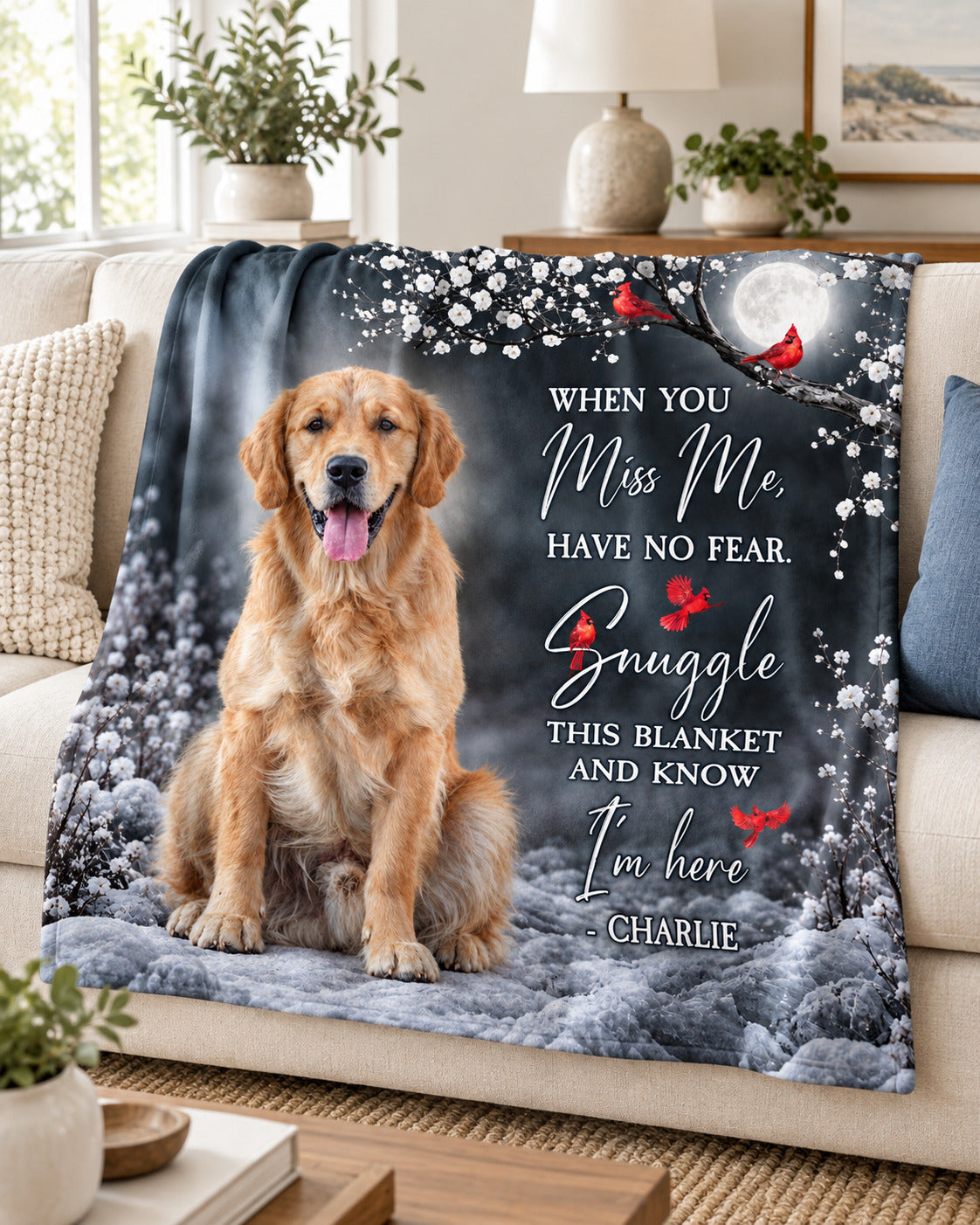 Winter cardinal pet memorial blanket with a dog's photo in moonlit snow, on a sofa