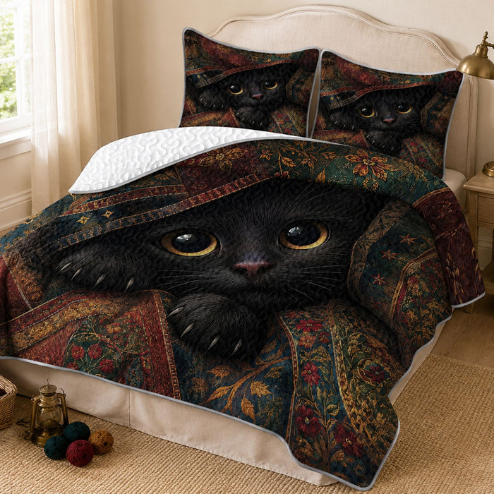 PawMoM peeking amber-eyed cat quilt set