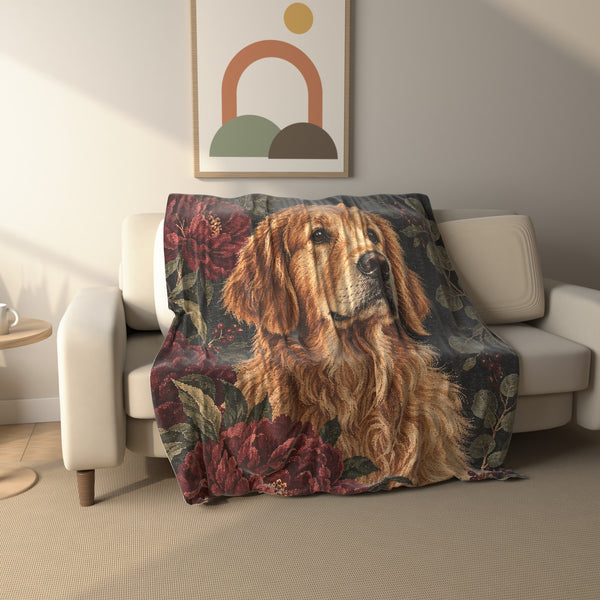 Peony Golden Retriever Portrait fleece throw blanket draped over a sofa
