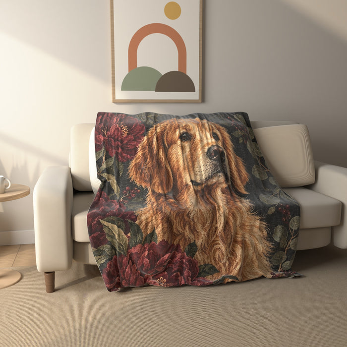 Peony Golden Retriever Portrait fleece throw blanket draped over a sofa