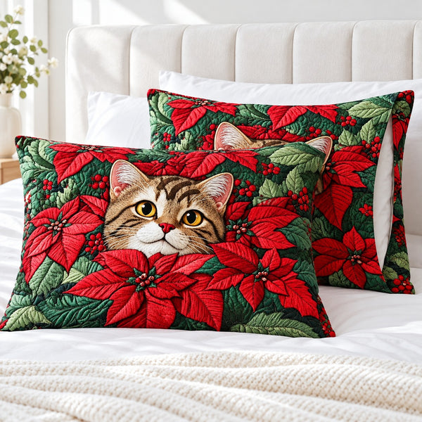 Poinsettia Tabby Cat pillowcases – set of two printed envelope pillowcases on a white bed