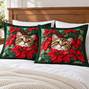 Poinsettia Tabby Cat pillow shams – set of two flanged shams against a wooden headboard