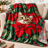 Poinsettia Tabby Cat Fleece Throw Blanket