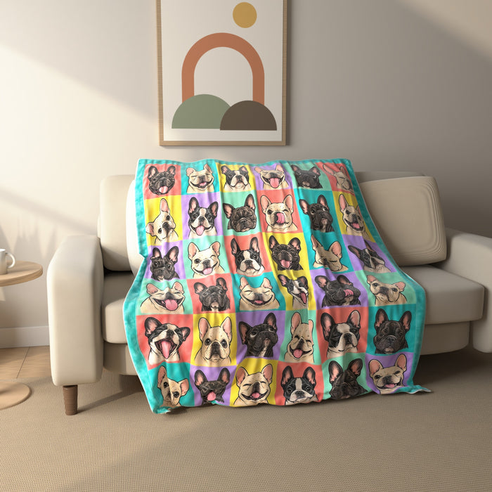 Pop Art French Bulldog Grid fleece throw blanket draped over a sofa
