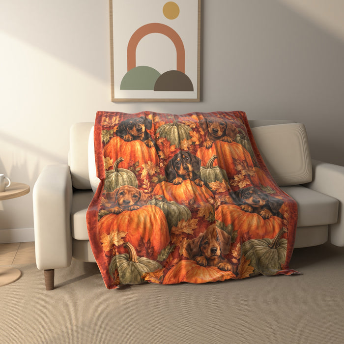 Pumpkin Patch Dachshund fleece throw blanket draped over a sofa