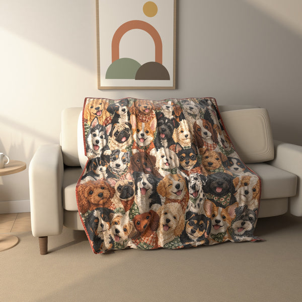 Puppy Crowd Patchwork fleece throw blanket draped over a sofa