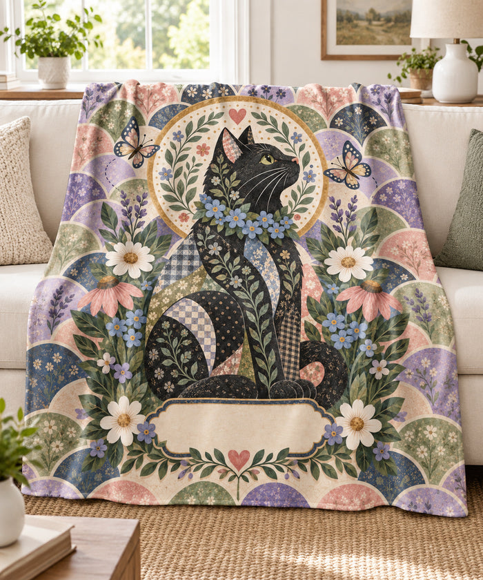 Folk-art patchwork black cat name blanket draped over a cream sofa