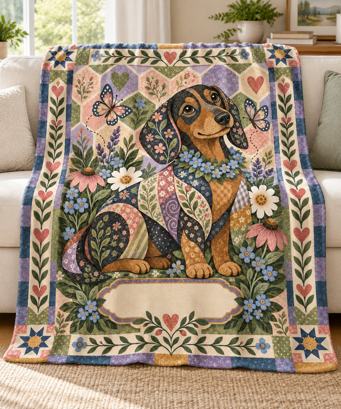 Folk-art patchwork dachshund name blanket draped over a cream sofa