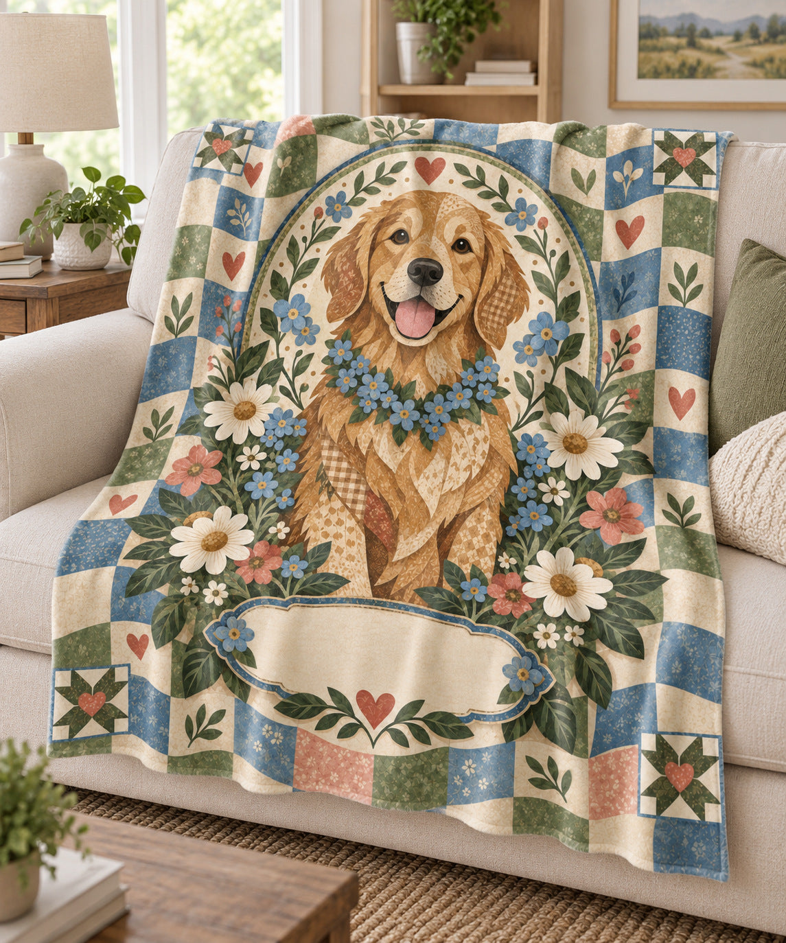 Folk-art patchwork golden retriever name blanket draped over a cream sofa