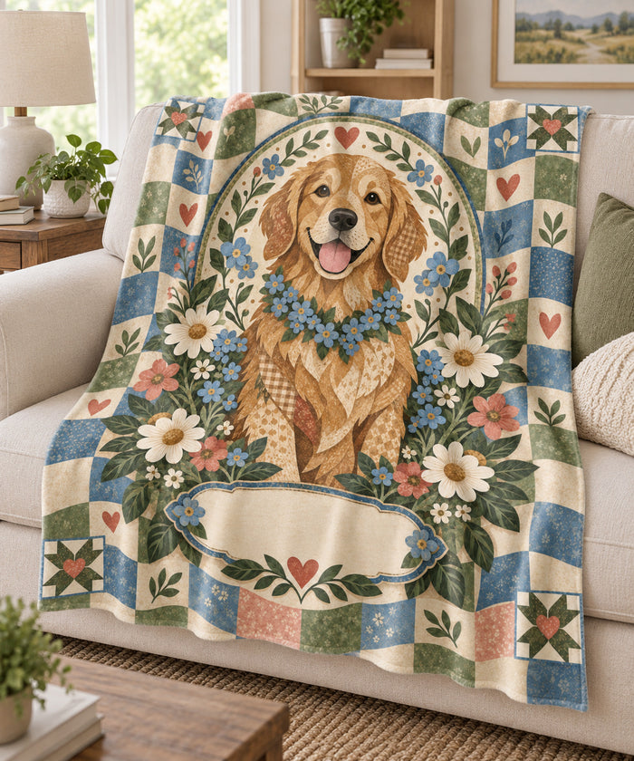 Folk-art patchwork golden retriever name blanket draped over a cream sofa