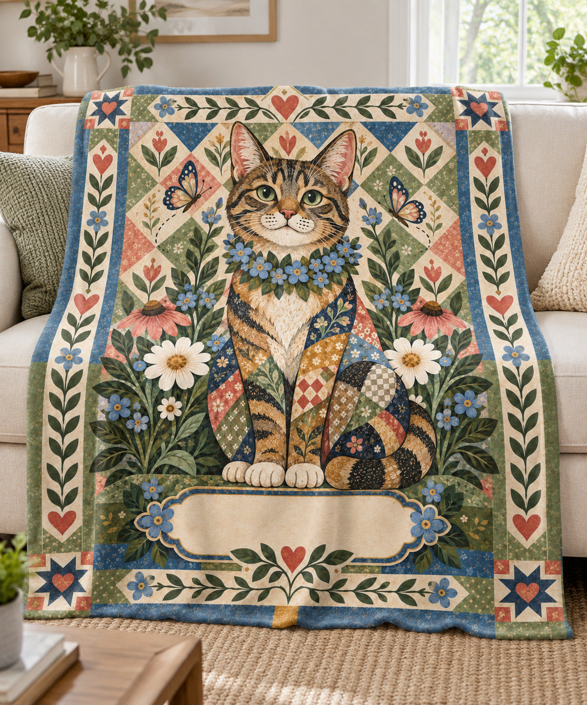 Folk-art patchwork tabby cat name blanket draped over a cream sofa