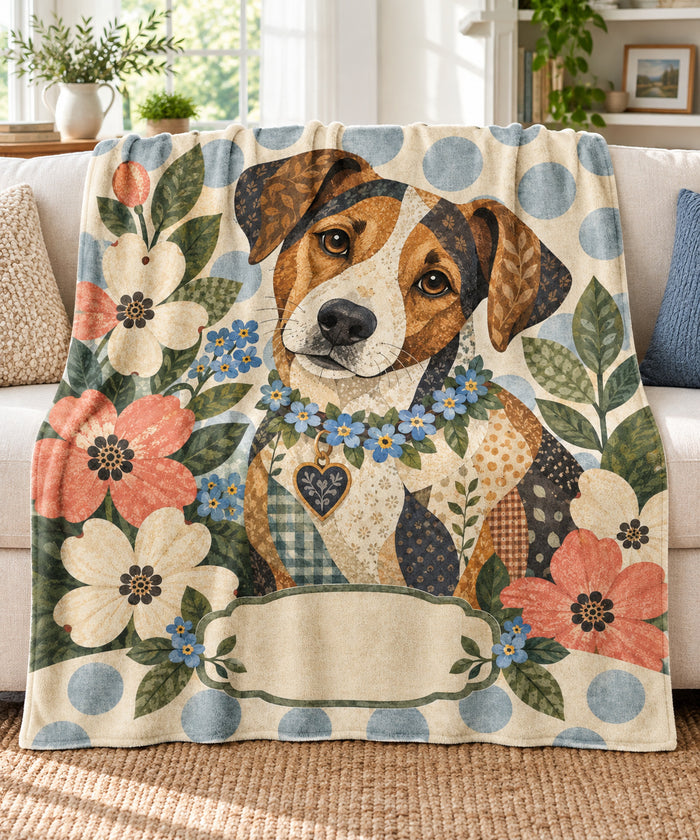 Folk-art patchwork terrier name blanket draped over a cream sofa