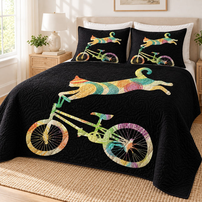 Rainbow Cycling Cat quilt set – quilt and two matching shams on a queen bed in a bright neutral bedroom