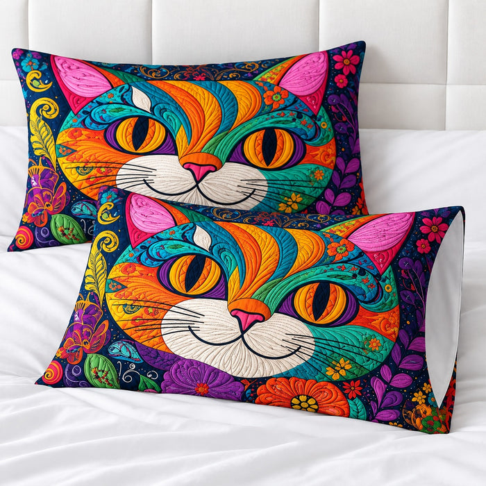Rainbow Folk Cat Face pillowcases – set of two printed envelope pillowcases on a white bed