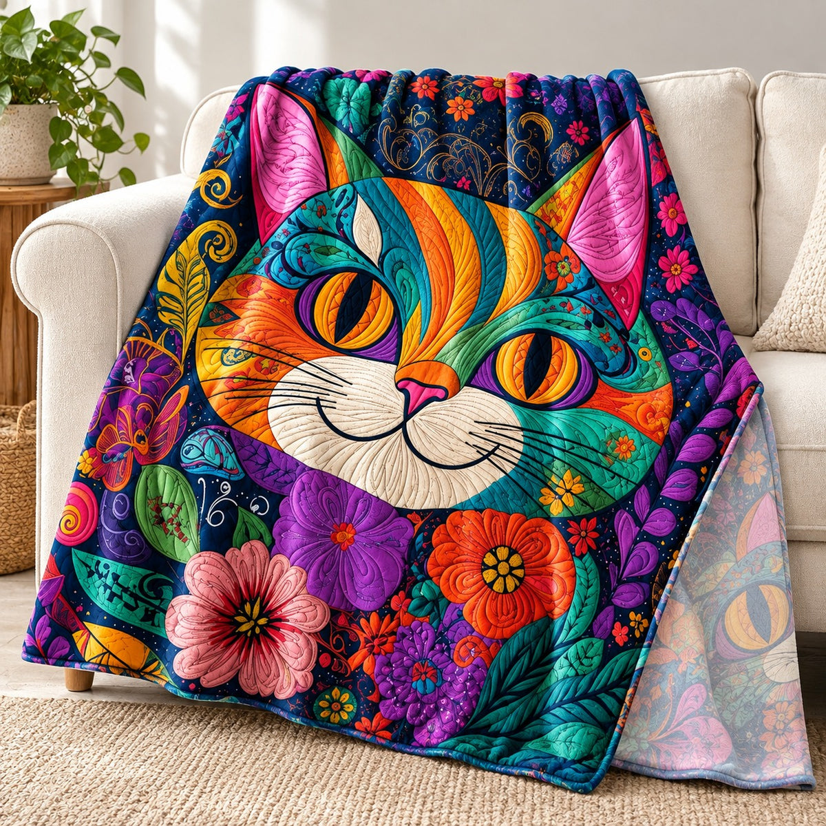 Rainbow Folk Cat Face throw blanket – lightweight printed flannel fleece draped over a cream sofa