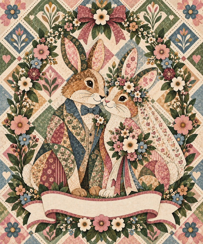 Rose Arbor Wedding Bunny Couple Name Blanket artwork — a bunny couple, bow tie and veil, cheek to cheek under a garland of roses and wildflowers, with a blank ribbon banner for your names and date