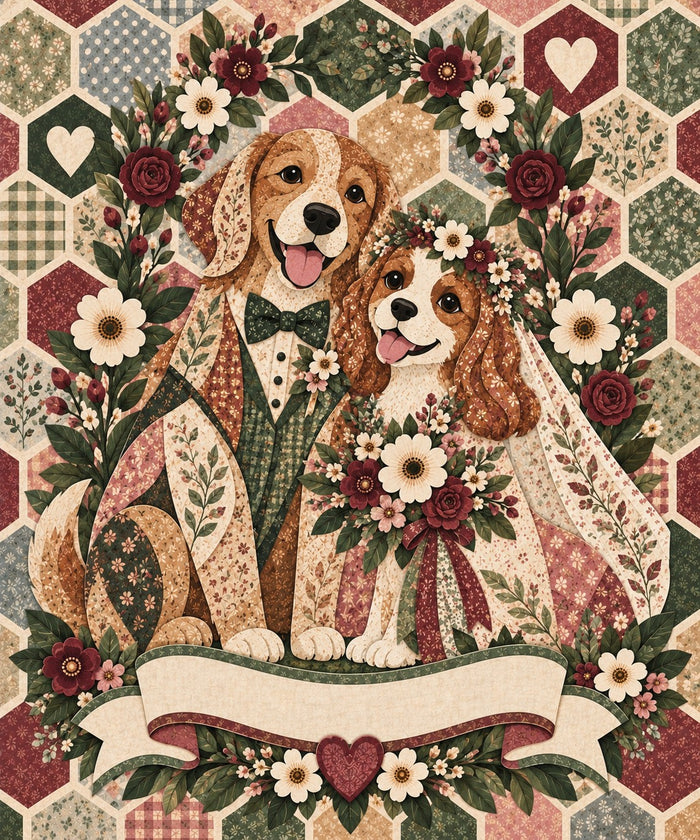 Rose Arbor Wedding Dog Couple Name Blanket artwork — a retriever groom and a spaniel bride with her rose bouquet, on a hexagon quilt with little hearts, with a blank ribbon banner for your names and date