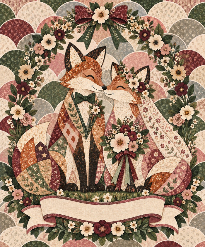 Rose Arbor Wedding Fox Couple Name Blanket artwork — a fox couple on their wedding day, bouquet and veil, inside a rose arbor on a scalloped quilt, with a blank ribbon banner for your names and date