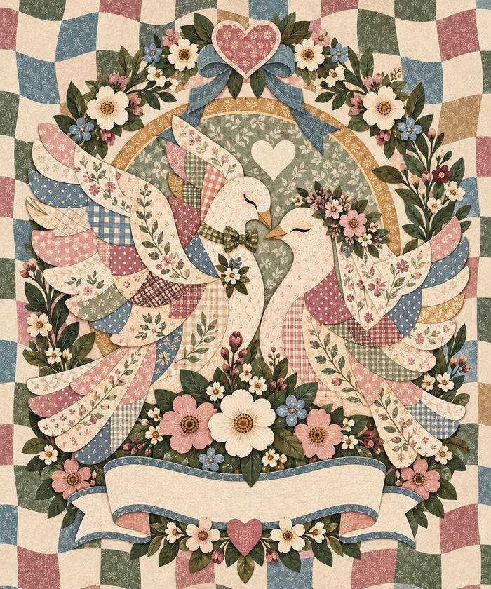 Rose Arbor Wedding Lovebird Couple Name Blanket artwork — two lovebirds with open patchwork wings share a kiss under a blue ribbon and a pink heart, with a blank ribbon banner for your names and date