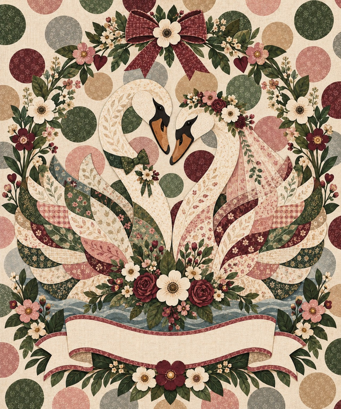 Rose Arbor Wedding Swan Couple Name Blanket artwork — two patchwork swans in flower crowns, wrapped in a wreath of dusty-rose blooms and burgundy roses, with a blank ribbon banner for your names and date