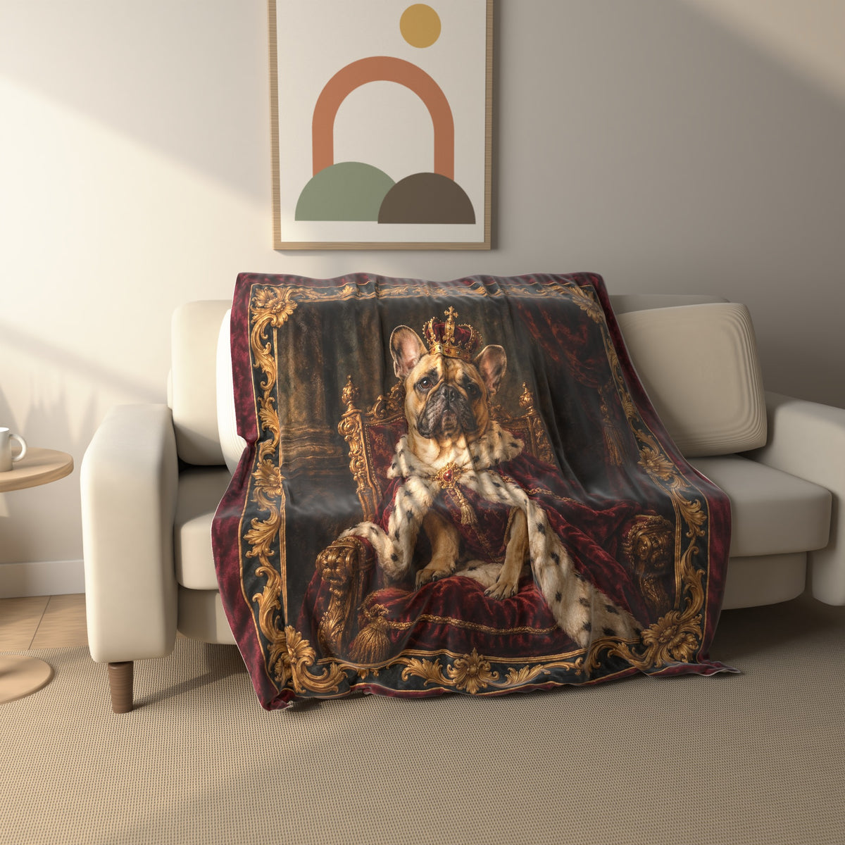 Royal French Bulldog Portrait fleece throw blanket draped over a sofa
