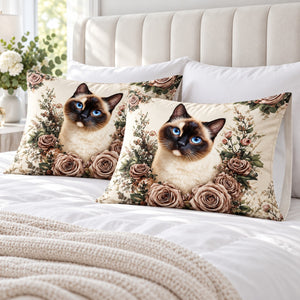 Siamese Rose Garden pillowcases – set of two printed envelope pillowcases on a white bed