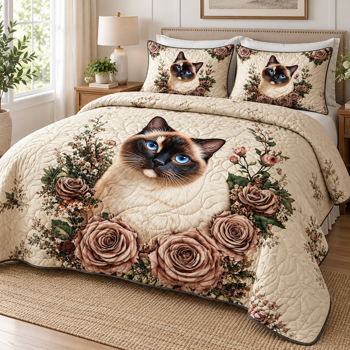 Siamese Rose Garden quilt set – quilt and two matching shams on a queen bed in a bright neutral bedroom