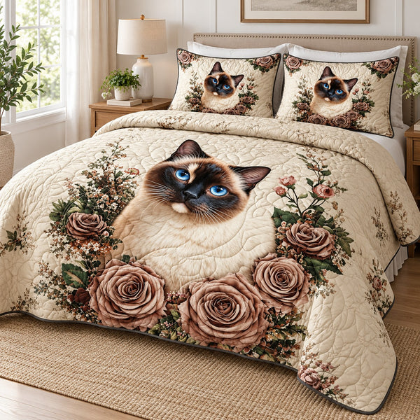 Siamese Rose Garden quilt set – quilt and two matching shams on a queen bed in a bright neutral bedroom