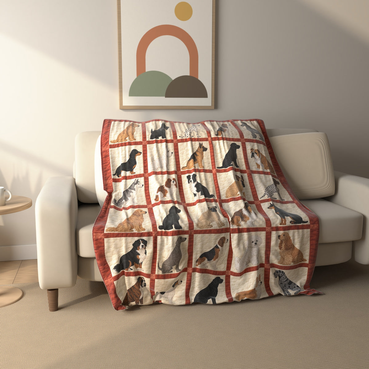 Sitting Dogs Patchwork fleece throw blanket draped over a sofa