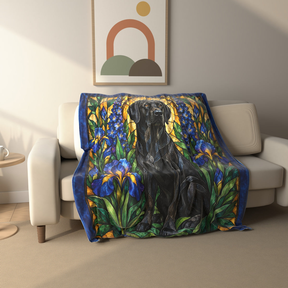 Stained Glass Black Labrador fleece throw blanket draped over a sofa