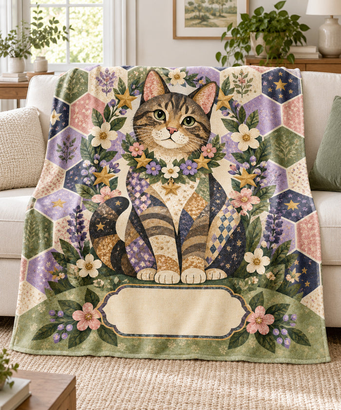 Starlight quilt tabby cat name blanket draped over a cream sofa
