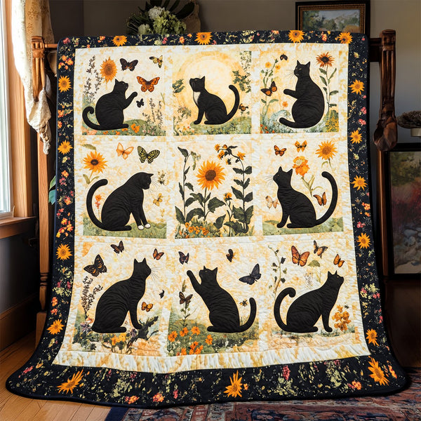Sunflower Butterfly Black Cats quilt – cream block quilt with black cats, sunflowers and butterflies in nine panels