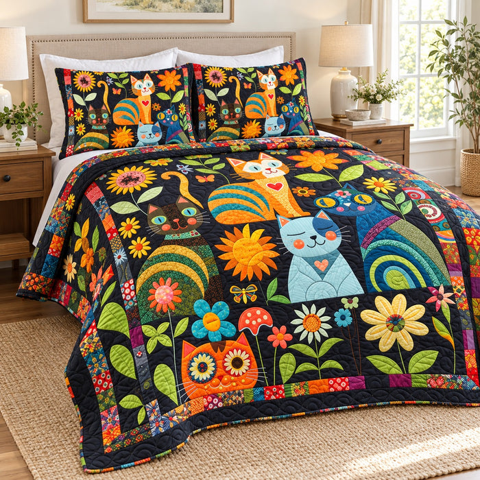 Sunflower Folk Cats quilt set – quilt and two matching shams on a queen bed in a bright neutral bedroom