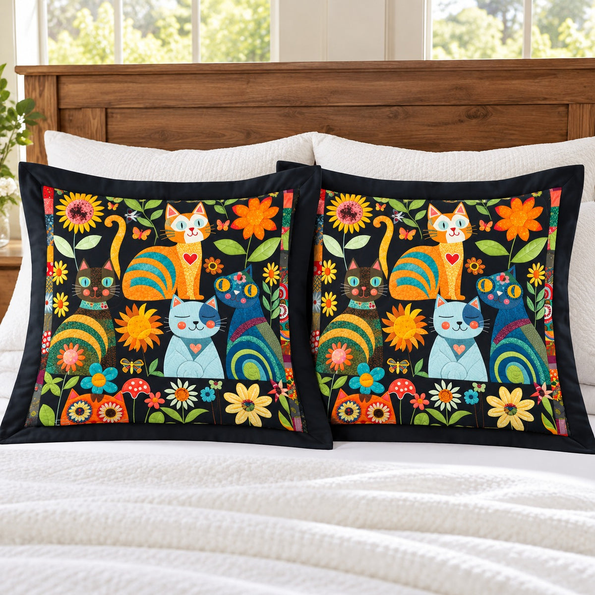 Sunflower Folk Cats pillow shams – set of two flanged shams against a wooden headboard