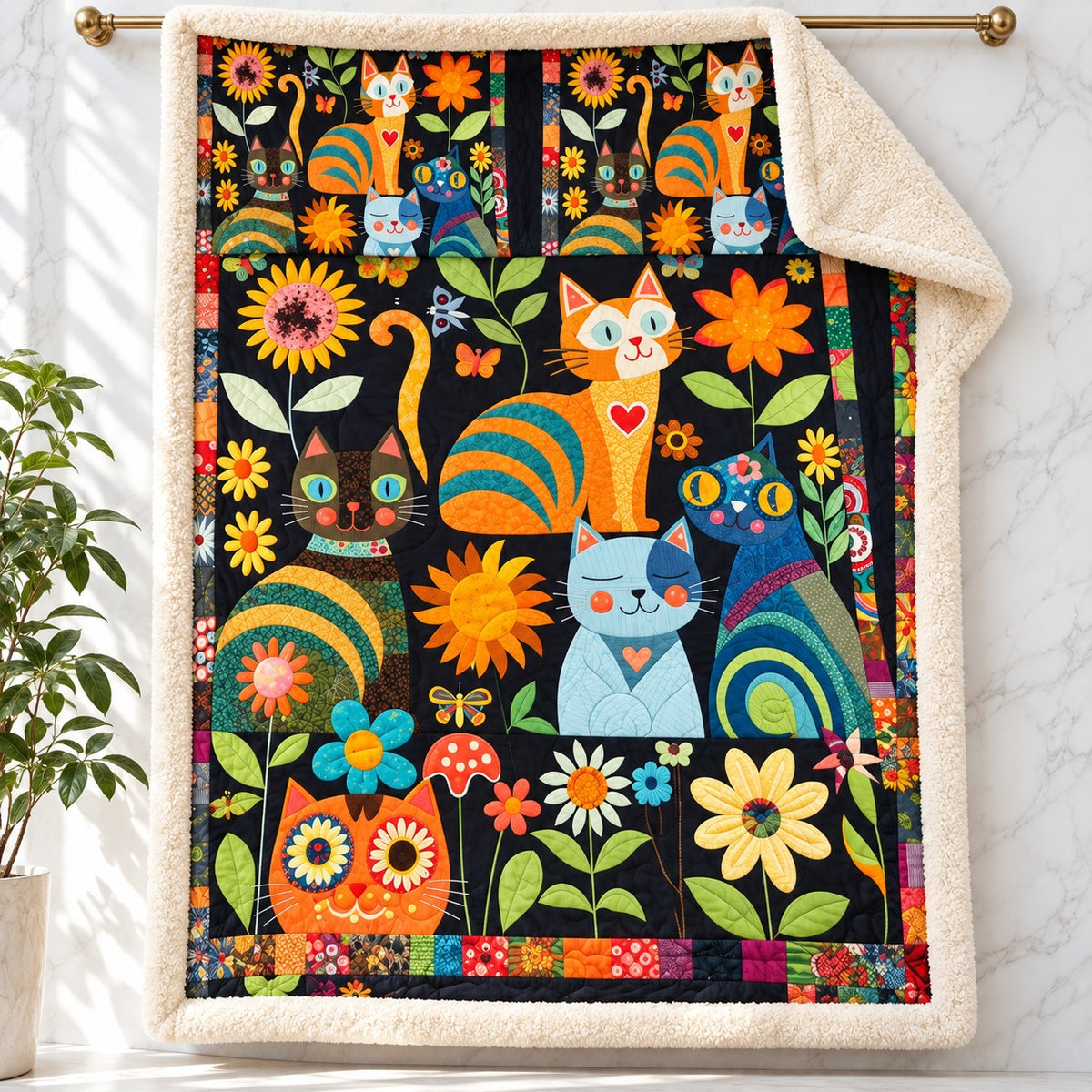 Sunflower Folk Cats sherpa fleece blanket – printed flannel front with plush cream sherpa back, hanging on a gold rod