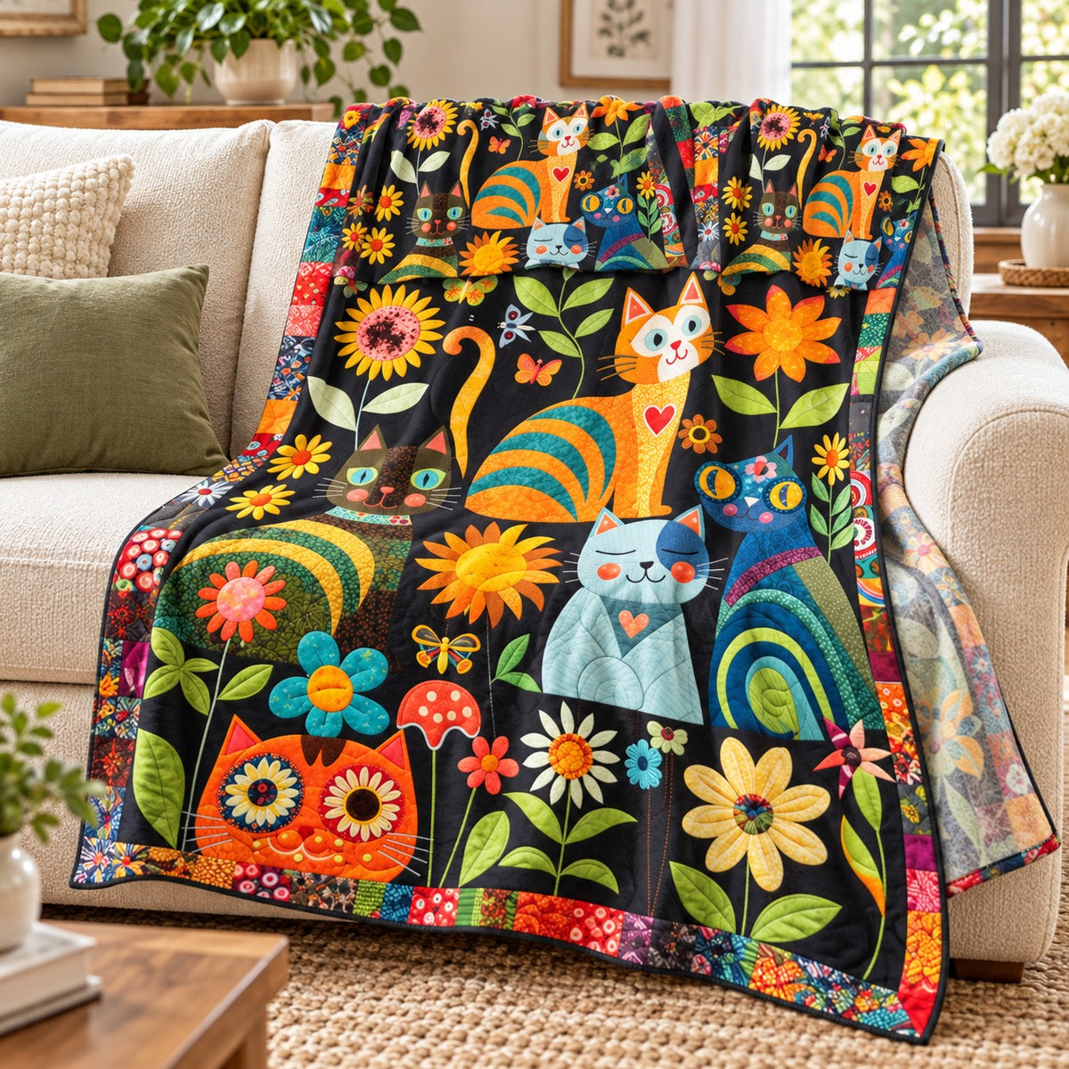 Sunflower Folk Cats throw blanket – lightweight printed flannel fleece draped over a cream sofa
