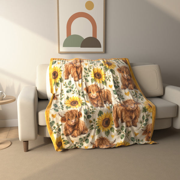 Sunflower Highland Cow fleece throw blanket draped over a sofa