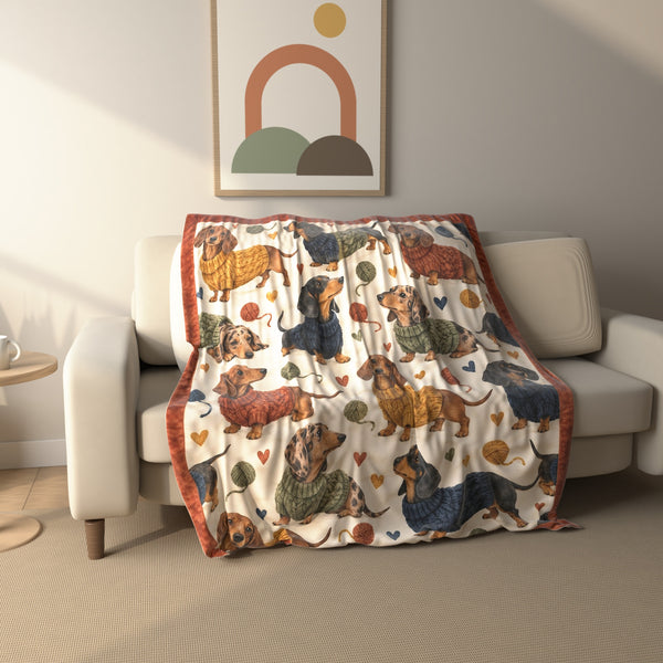 Sweater Dachshund Toss fleece throw blanket draped over a sofa