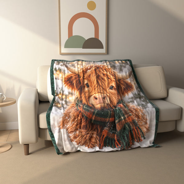 Tartan Scarf Highland Cow fleece throw blanket draped over a sofa