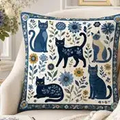 Folk Blue Cat & Sunflower Cushion Cover Set — PawMoM
