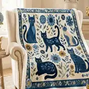 Folk Blue Cat & Sunflower Sherpa Blanket — PawMoM