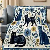 Folk Blue Cat & Sunflower Soft Throw Blanket — PawMoM