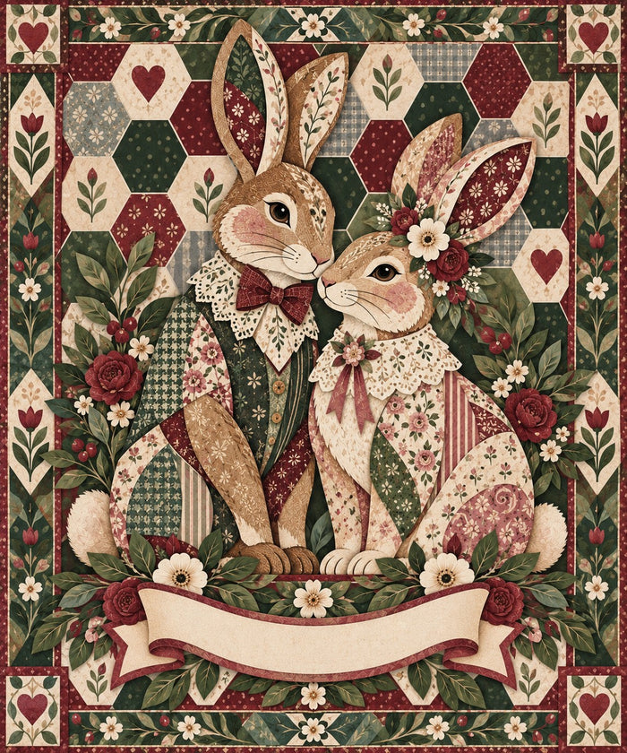 Vintage Lace Bunny Couple Name Blanket artwork — a bunny couple in lace and bows, framed by a burgundy border of hexagons and roses, with a blank ribbon banner for your names and date