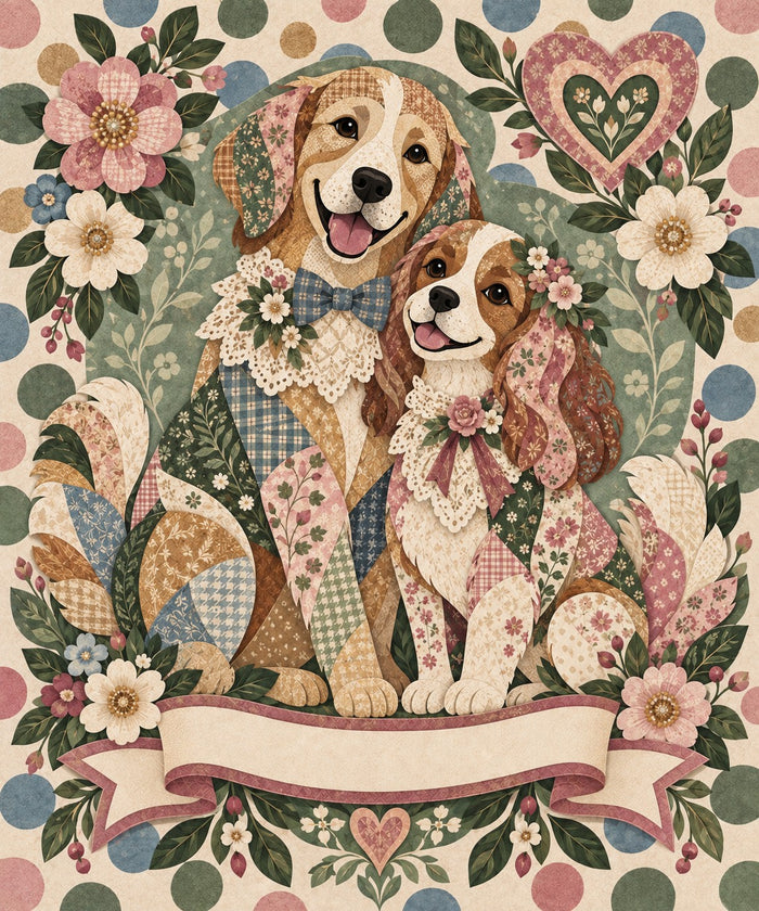 Vintage Lace Dog Couple Name Blanket artwork — a happy retriever and a spaniel in lace collars and bows, on a soft polka-dot quilt, with a blank ribbon banner for your names and date