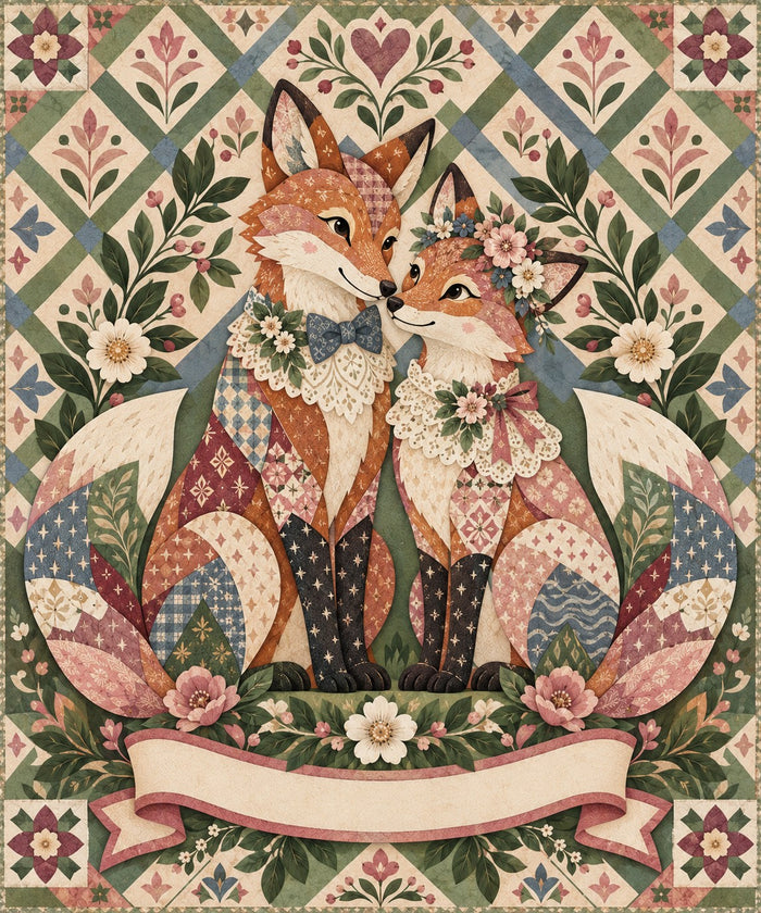 Vintage Lace Fox Couple Name Blanket artwork — a fox couple in lace collars, bow tie and flower crown, on a folk-art diamond quilt, with a blank ribbon banner for your names and date
