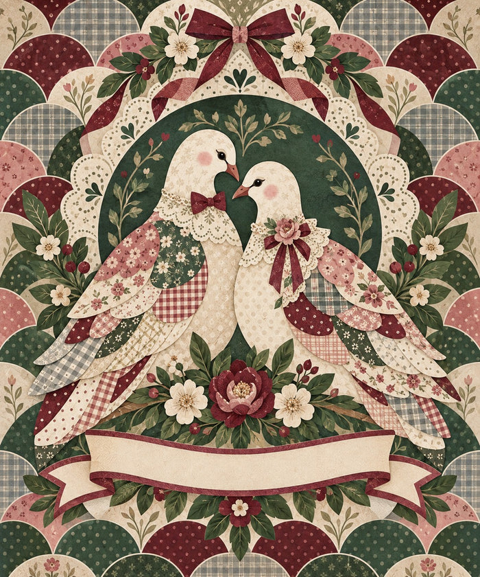 Vintage Lace Lovebird Couple Name Blanket artwork — two lovebirds with lace collars and ribbon bows, perched in a green arch of eyelet lace, with a blank ribbon banner for your names and date