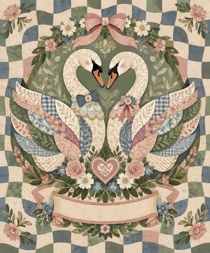 Vintage Lace Swan Couple Name Blanket artwork — two swans with lace collars and patchwork wings, their necks making a heart above a quilted heart, with a blank ribbon banner for your names and date