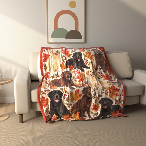 Watercolor Fall Labradors fleece throw blanket draped over a sofa