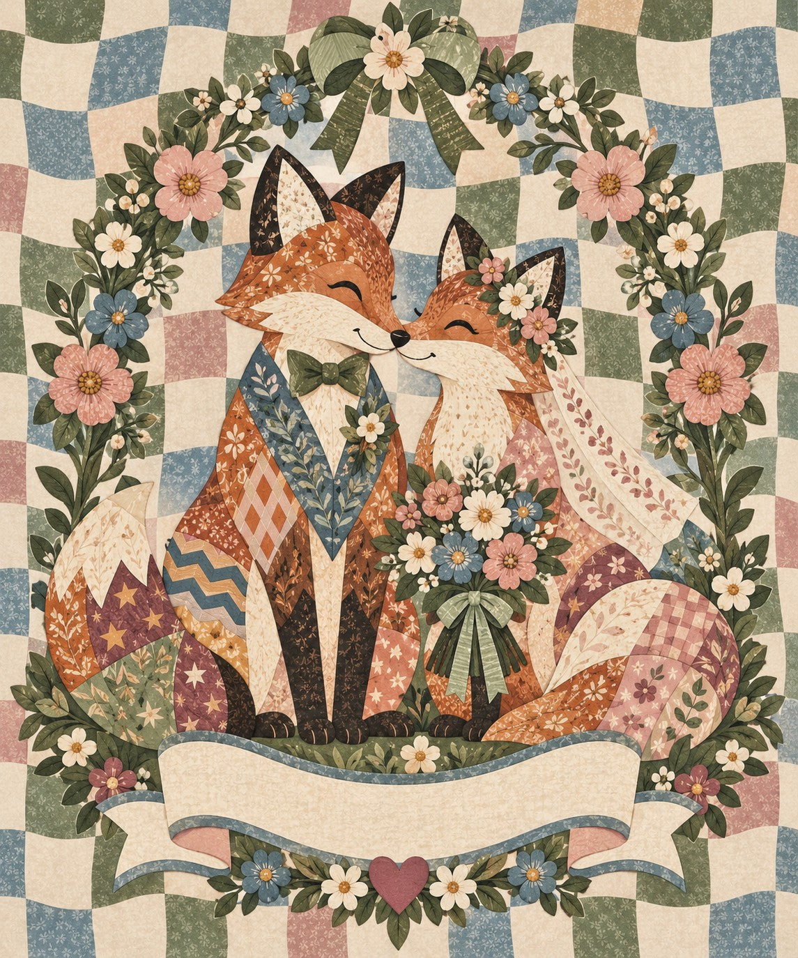 Wildflower Wedding Fox Couple Name Blanket artwork — a fox groom in a bow tie and his bride with her bouquet and veil, nuzzled under a flower arch, with a blank ribbon banner for your names and date